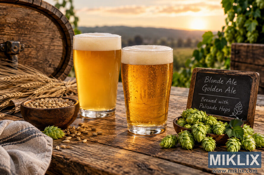 Two unbranded glasses of blonde and golden ale with creamy foam sit on a rustic wooden table beside fresh green hops, malted grain, barley stalks, a wooden barrel, and a chalkboard reading Blonde Ale, Golden Ale, and Brewed with Palisade Hops, illuminated by warm sunset light over a softly blurred countryside. Two unbranded glasses of blonde and golden ale with creamy foam sit on a rustic wooden table beside fresh green hops, malted grain, barley stalks, a wooden barrel, and a chalkboard reading Blonde Ale, Golden Ale, and Brewed with Palisade Hops, illuminated by warm sunset light over a softly blurred countryside.