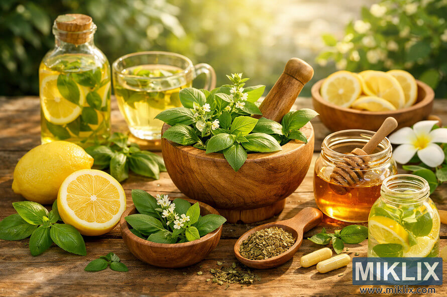 Lemon basil leaves, lemons, infused oil, tea, honey, and supplements arranged on a sunlit rustic wooden table.
