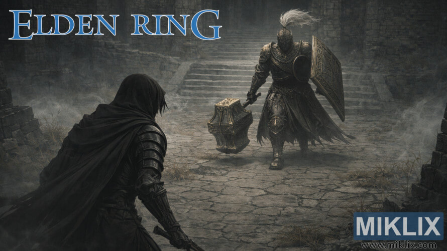 Elden Ring: Shadow of the Erdtree မှ Fog Rift Fort တွင် Black Knight Garrew နှင့် တိုက်ခိုက်နေသော Tarnished in Black Knife သံချပ်ကာ၏ ပရိသတ်အနုပညာ