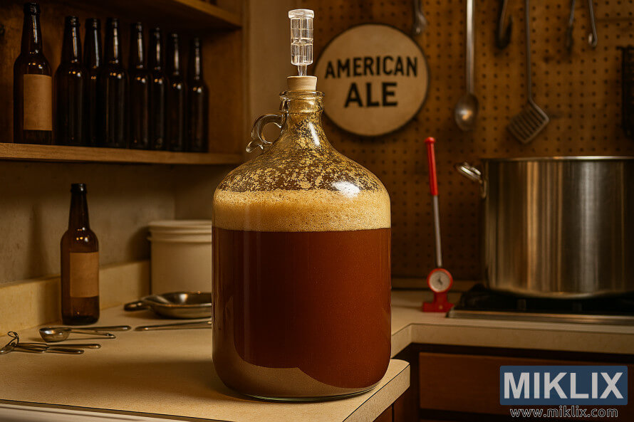Carboy Gilashi tare da fermenting American ale a cikin wani tsattsauran ra'ayi na gida saitin