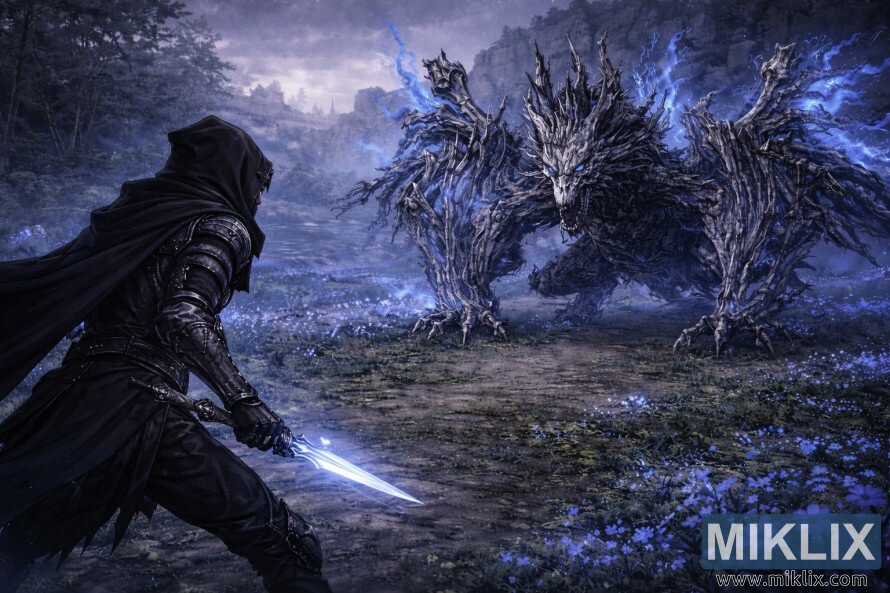 In seiner RÃ¼stung, die von Schwarzem Messer gezeichnet ist, stellt er sich von hinten einem gewaltigen Geisterflammendrachen an der Azurblauen KÃ¼ste entgegen.