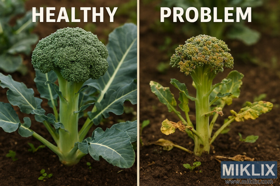 So sánh giữa má»t cây bông cải xanh khá»e mạnh vá»i các bông hoa xanh ráºm rạp và má»t cây bông cải xanh có vấn Äá» vá»i các bông hoa và ng, thưa thá»t và lá bá» hư hại. So sánh giữa má»t cây bông cải xanh khá»e mạnh vá»i các bông hoa xanh ráºm rạp và má»t cây bông cải xanh có vấn Äá» vá»i các bông hoa và ng, thưa thá»t và lá bá» hư hại.