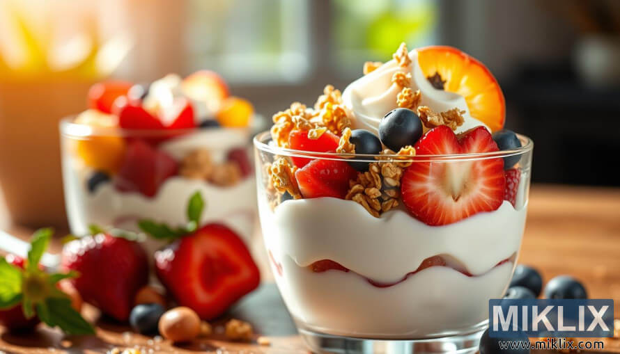 Yogurt parfait with layers of yogurt, fresh fruit, and granola in natural light.