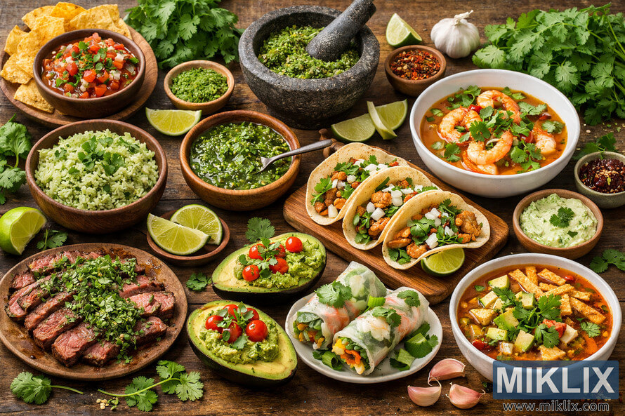 A vibrant overhead photograph displaying various dishes and ingredients that showcase cilantro's diverse uses in cooking, including tacos, salsa, rice, curry, spring rolls, and sauces arranged on a rustic wooden table. A vibrant overhead photograph displaying various dishes and ingredients that showcase cilantro's diverse uses in cooking, including tacos, salsa, rice, curry, spring rolls, and sauces arranged on a rustic wooden table.