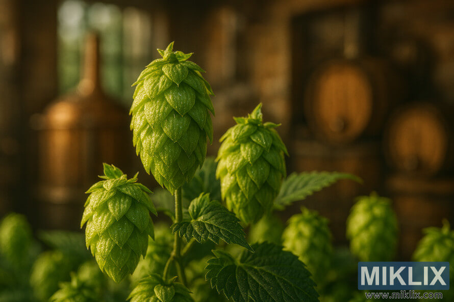 Krupni plan Å¡iÅ¡arki hmelja Hersbrucker sa sjajnim smolastim Å¾lijezdama u toplom okruÅ¾enju pivare