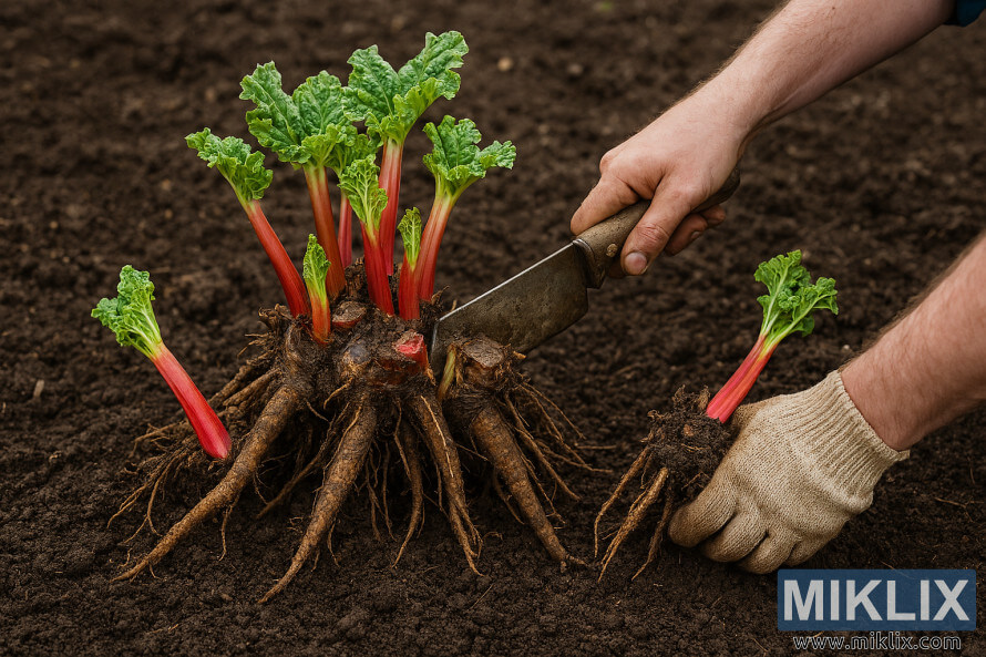 Gardener dividing a rhubarb crown into sections for replanting on dark soil