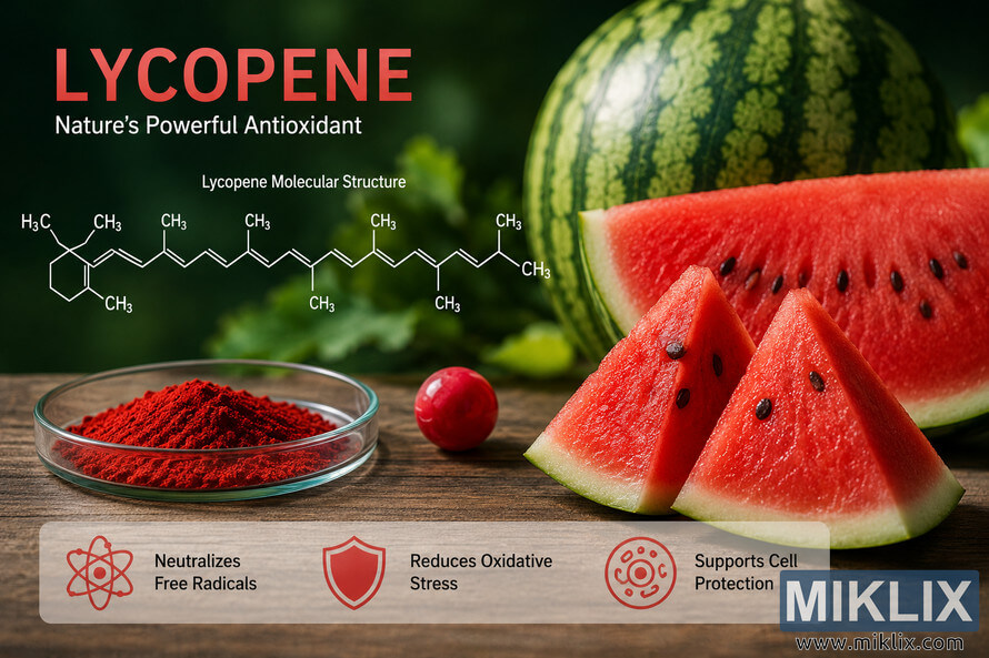 High-resolution landscape infographic featuring fresh watermelon slices beside a whole watermelon, a stylized lycopene molecular structure, and visual icons representing antioxidant activity, oxidative stress reduction, and cellular protection on a dark green natural background. High-resolution landscape infographic featuring fresh watermelon slices beside a whole watermelon, a stylized lycopene molecular structure, and visual icons representing antioxidant activity, oxidative stress reduction, and cellular protection on a dark green natural background.