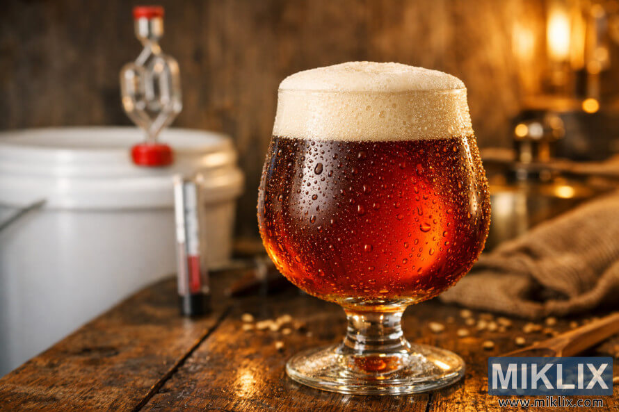 Close-up of a tulip glass filled with amber Belgian Abbey-style ale, topped with a thick creamy head and covered in condensation, on a rustic wooden table with blurred fermentation bucket, airlock, and thermometer in the warm-lit background.