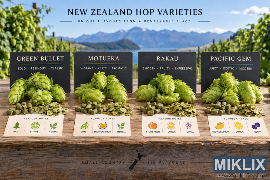 Landscape infographic comparing four New Zealand hop varietiesâGreen Bullet, Motueka, Rakau and Pacific Gemâwith fresh hop cones, pellets, dried hops and illustrated flavour notes on a rustic wooden table overlooking a hop-growing landscape, lake and mountains. Landscape infographic comparing four New Zealand hop varietiesâGreen Bullet, Motueka, Rakau and Pacific Gemâwith fresh hop cones, pellets, dried hops and illustrated flavour notes on a rustic wooden table overlooking a hop-growing landscape, lake and mountains.