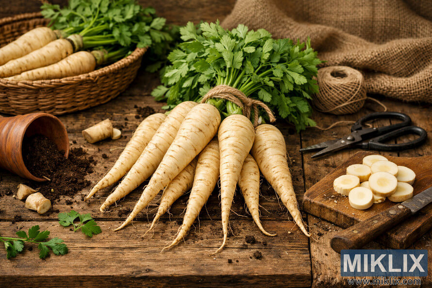 Fresh Hollow Crown parsnip roots arranged on a rustic wooden table with garden tools and herbs in warm natural light
