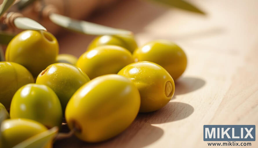 Close-up of fresh green olives on a light wooden surface with soft lighting.