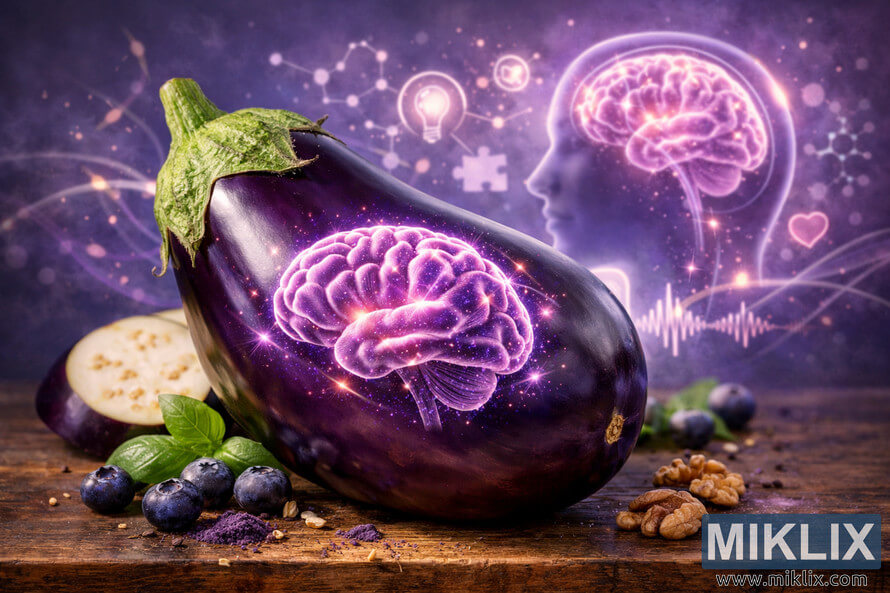 Digital photo of a glossy purple eggplant on a rustic wooden surface with a glowing brain illustration on its side, surrounded by sliced eggplant, basil, blueberries, and walnuts, set against a purple and blue background featuring a glowing human head silhouette, neural pathways, and scientific icons symbolizing brain health and cognitive function. Digital photo of a glossy purple eggplant on a rustic wooden surface with a glowing brain illustration on its side, surrounded by sliced eggplant, basil, blueberries, and walnuts, set against a purple and blue background featuring a glowing human head silhouette, neural pathways, and scientific icons symbolizing brain health and cognitive function.