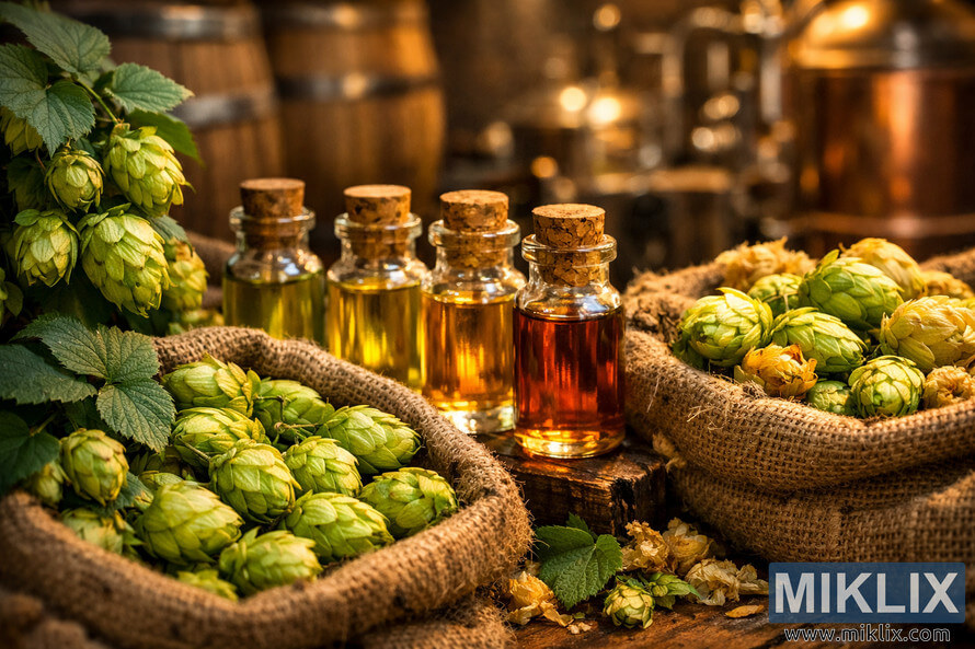 Close-up of fresh green hops in burlap sacks with glass vials of hop essential oils glowing under warm light, brewery barrels blurred in the background.