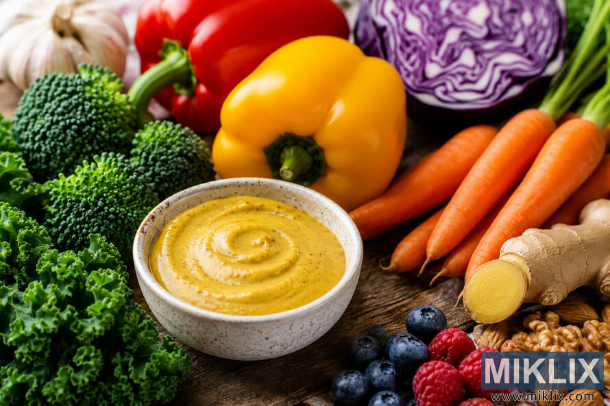 A vibrant landscape-oriented food composition featuring a creamy mustard dip surrounded by anti-inflammatory vegetables including broccoli, kale, carrots, bell peppers, purple cabbage, ginger, garlic, berries, and mixed nuts on a rustic wooden surface in natural light. A vibrant landscape-oriented food composition featuring a creamy mustard dip surrounded by anti-inflammatory vegetables including broccoli, kale, carrots, bell peppers, purple cabbage, ginger, garlic, berries, and mixed nuts on a rustic wooden surface in natural light.