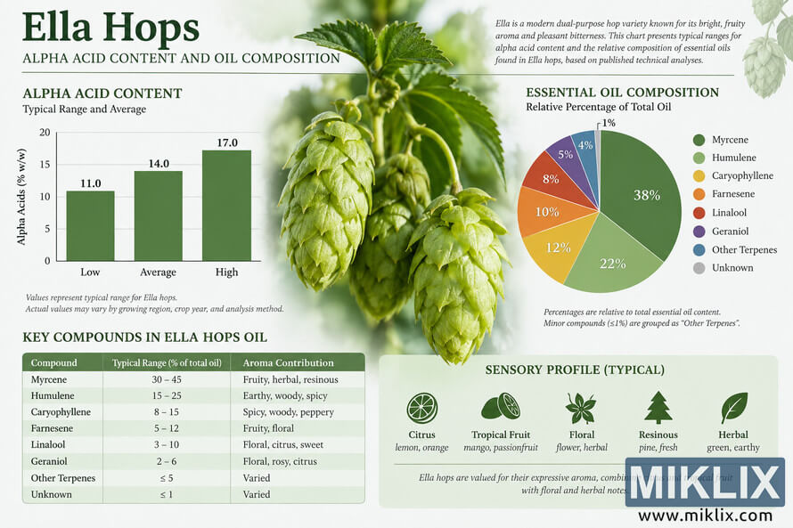 Landscape scientific infographic about Ella hops featuring a central photograph of green hop cones, an alpha acid bar chart showing low, average and high values, an essential oil composition pie chart, a table of key aromatic compounds and their typical ranges, and a sensory profile highlighting citrus, tropical fruit, floral, resinous and herbal characteristics.