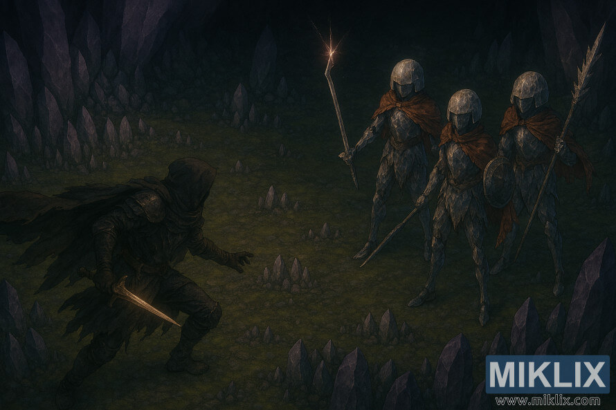 Anime-style fan art of the Tarnished fighting three Putrid Crystalians in a glowing crystal cave