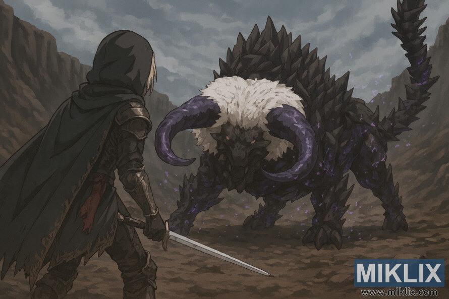 Fan art in stile anime dell'armatura Tarnished in Black Knife che combatte contro la Bestia Fallingstar nel cratere South Altus Plateau di Elden Ring