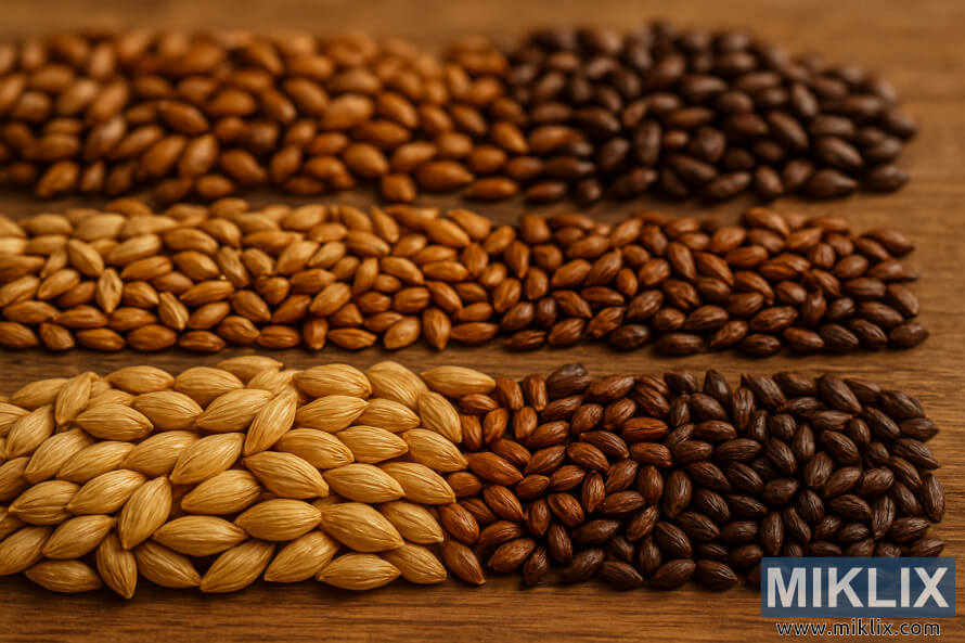 Krupni plan svijetlih i specijalnih sladova u zlatnim, jantarnim i smeÄim nijansama rasporeÄenih na drvenoj povrÅ¡ini. Krupni plan svijetlih i specijalnih sladova u zlatnim, jantarnim i smeÄim nijansama rasporeÄenih na drvenoj povrÅ¡ini.