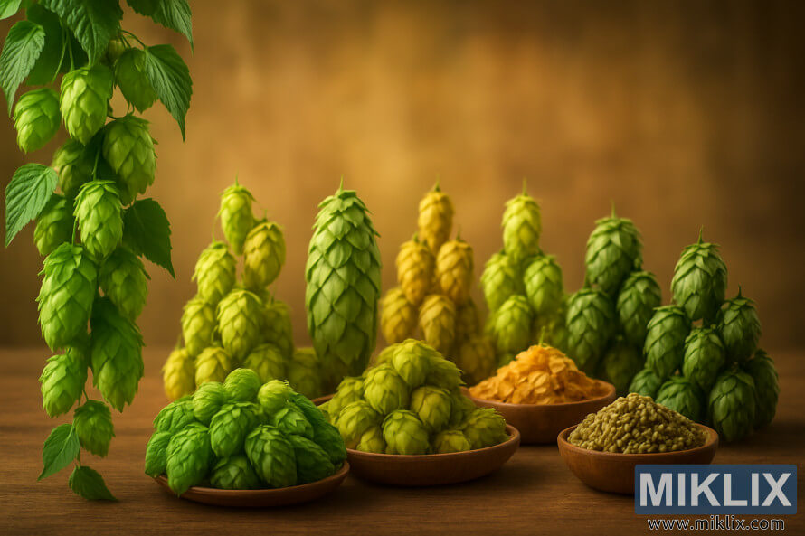 Prikaz hmelja u živopisnim zelenim i zlatnim nijansama rasporeÄenim u posude i klastere, sa kaskadnim binama u prvom planu i toplom, zlatnom pozadinom koja evocira postavku pivare. Prikaz hmelja u živopisnim zelenim i zlatnim nijansama rasporeÄenim u posude i klastere, sa kaskadnim binama u prvom planu i toplom, zlatnom pozadinom koja evocira postavku pivare.