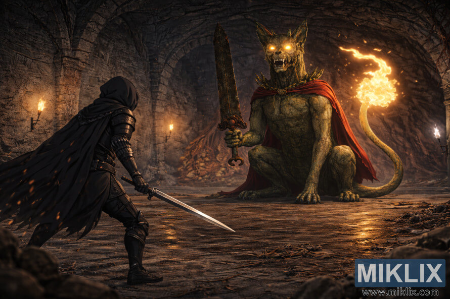 Guerriero fantasy anime visto di spalle a sinistra, con una spada in mano, mentre affronta un gigantesco boss guardiano di pietra seduto, con occhi luminosi e una coda fiammeggiante, in una catacomba sotterranea illuminata da torce.