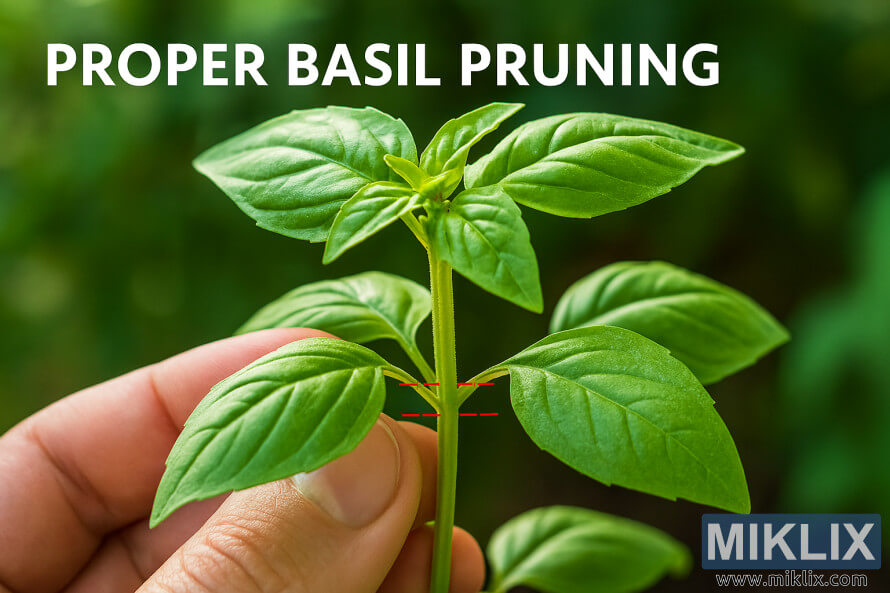 Detalhe de uma planta de manjericão mostrando a técnica correta de poda, com linhas tracejadas vermelhas abaixo do nó da folha. Detalhe de uma planta de manjericão mostrando a técnica correta de poda, com linhas tracejadas vermelhas abaixo do nó da folha.