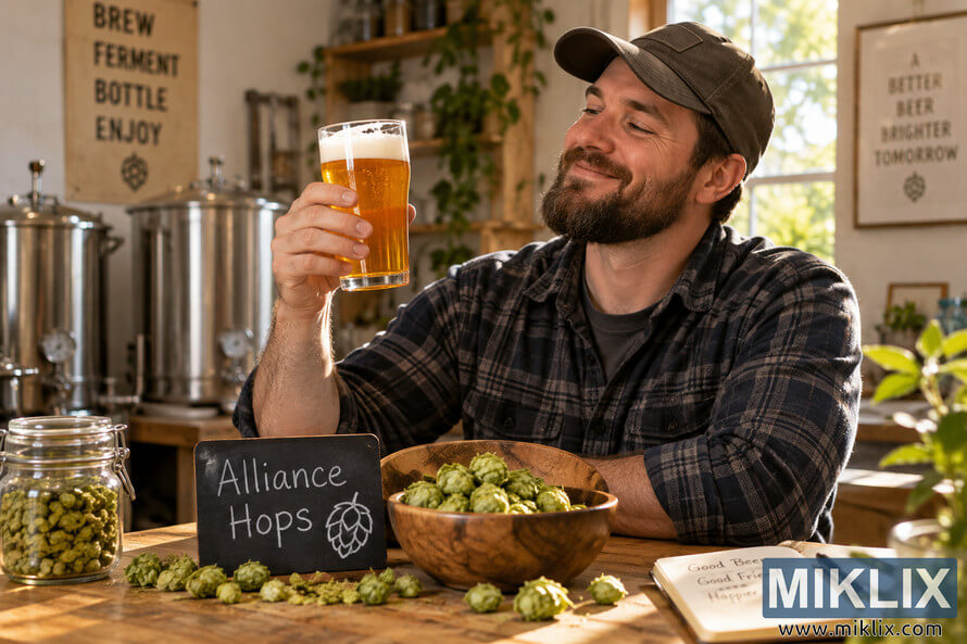 Happy homebrewer in a warm, sunlit brewing room admiring a glass of golden beer, with Alliance hops, brewing equipment, hop cones, and recipe notes on a rustic wooden table.