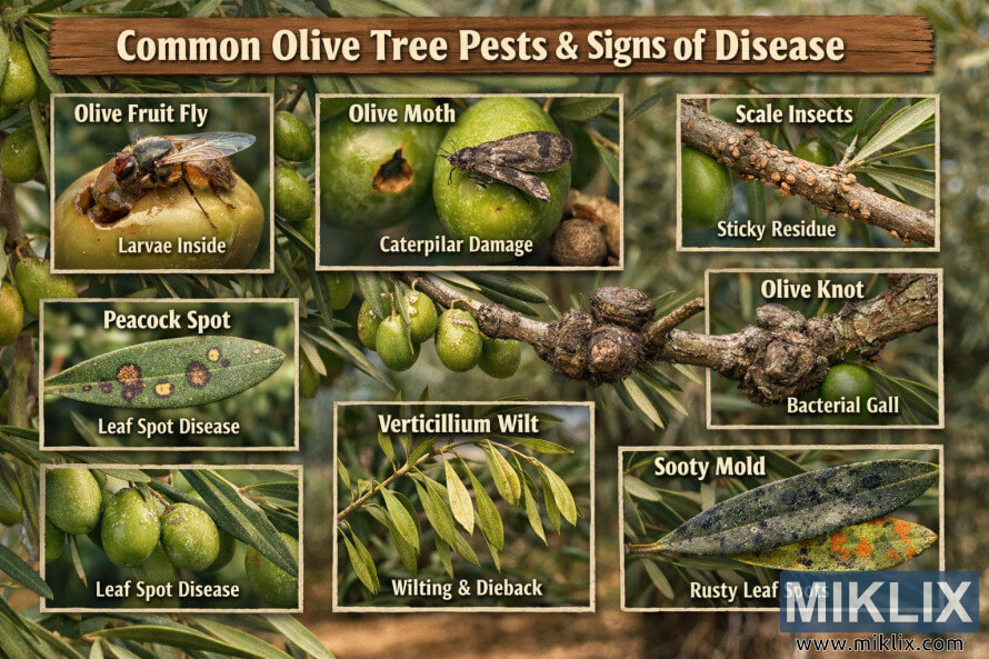 Educational infographic showing common olive tree pests and diseases, including olive fruit fly, olive moth damage, scale insects, peacock spot, verticillium wilt, olive knot, and sooty mold on olives, leaves, and branches. Educational infographic showing common olive tree pests and diseases, including olive fruit fly, olive moth damage, scale insects, peacock spot, verticillium wilt, olive knot, and sooty mold on olives, leaves, and branches.
