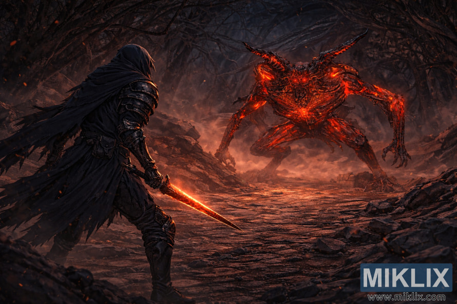 Fantasyscene i anime-stil af en kappeklÃ¦dt, pansret kriger, der konfronterer en massiv, ildfuld dÃ¦mon i en bred vulkansk hule.