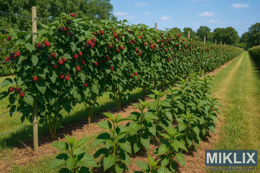 RangÃ©es de mÃ»riers remontants dans un systÃ¨me de double culture, montrant les tiges fructifÃ¨res et les nouvelles pousses sous un ciel bleu ensoleillÃ©.
