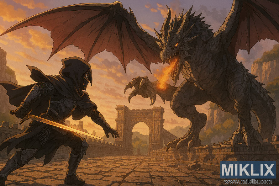 Anime fan art koji prikazuje Tarnished u oklopu Crnog noÅ¾a koji se bori protiv LeteÄeg Zmaja Greyla na Velikom mostu Faruma u zalasku sunca.