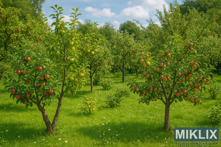 Dusun dengan pokok epal yang menghasilkan buah merah, kuning dan pelbagai warna di bawah langit yang cerah.
