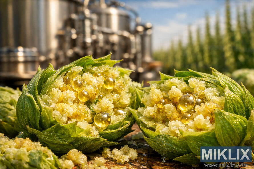 Close-up of vibrant green Southern Promise hop cones split open to reveal pale yellow lupulin resin and glistening hop oil droplets, with blurred stainless steel brewing equipment and hop fields in the background.