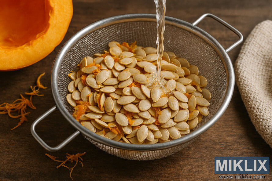 Pumpkin seeds being rinsed in a metal colander with water flowing over them, surrounded by pumpkin pulp and drying cloth.