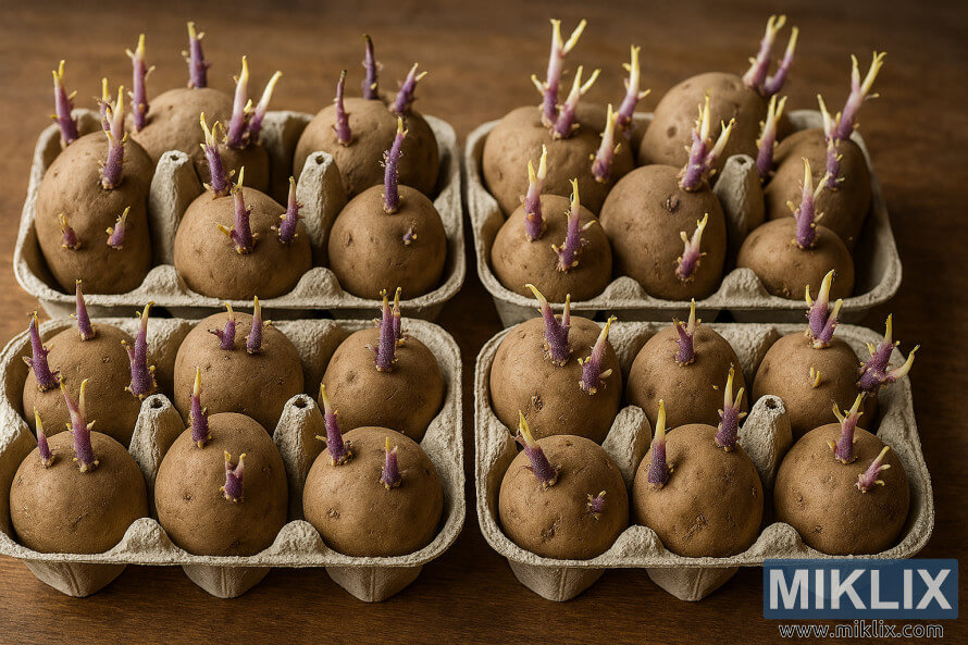 Sprouted seed potatoes arranged in egg cartons on a wooden surface