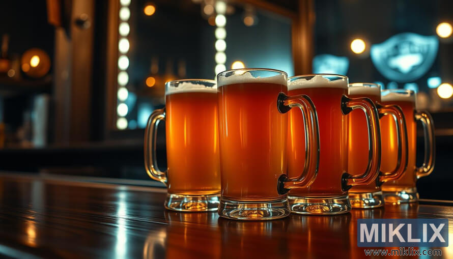 Deretan cangkir bir kaca berisi bir berwarna kuning pucat di atas bar kayu mengilap dalam cahaya redup yang hangat.
