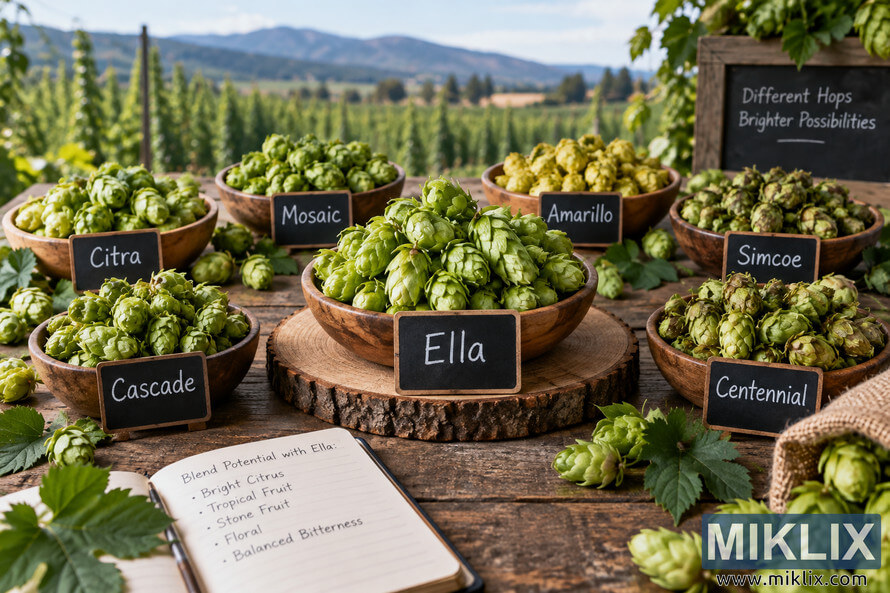 Landscape photograph of fresh Ella hops in a central wooden bowl surrounded by labeled bowls of Citra, Mosaic, Amarillo, Simcoe, Cascade, and Centennial hops on a rustic table, with blending notes, hop foliage, and a hop field in the background.