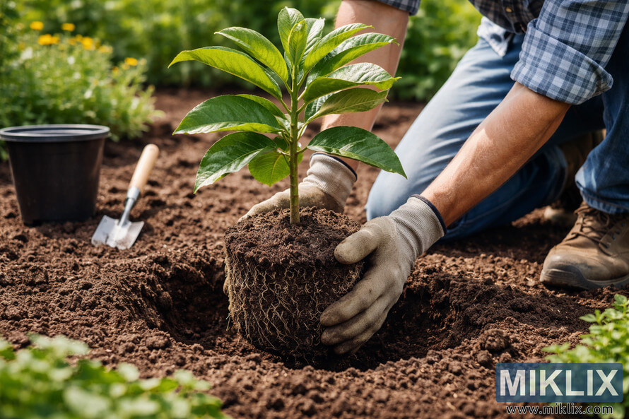 Gardener planting a young loquat tree with exposed root ball into freshly prepared garden soil using gloves and a trowel Gardener planting a young loquat tree with exposed root ball into freshly prepared garden soil using gloves and a trowel