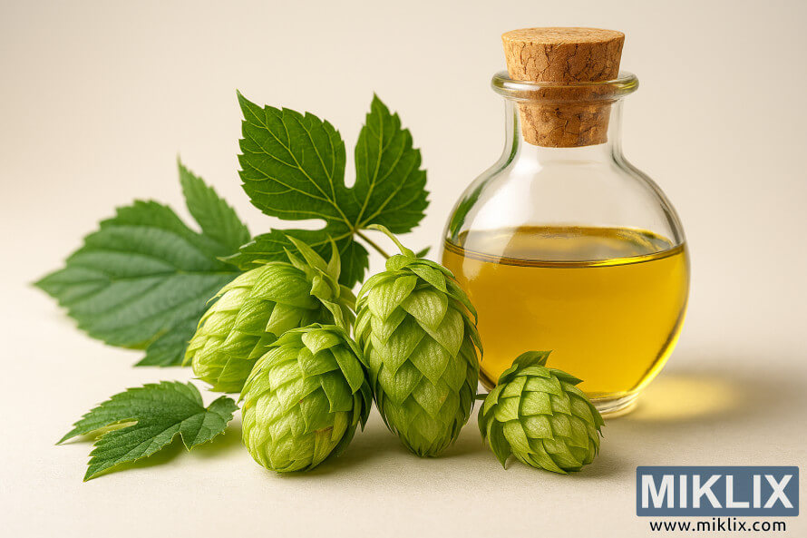 Makrokuva tuoreista vihreistä humalan käpyistä, lehdistä ja lasipullosta kultaista humalaöljyä neutraalilla studiotaustalla. Makrokuva tuoreista vihreistä humalan käpyistä, lehdistä ja lasipullosta kultaista humalaöljyä neutraalilla studiotaustalla.