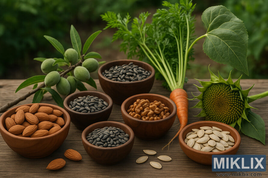 A rustic wooden table with bowls of almonds, walnuts, sunflower seeds, and pumpkin seeds in a garden setting with fresh greenery and sunlight.