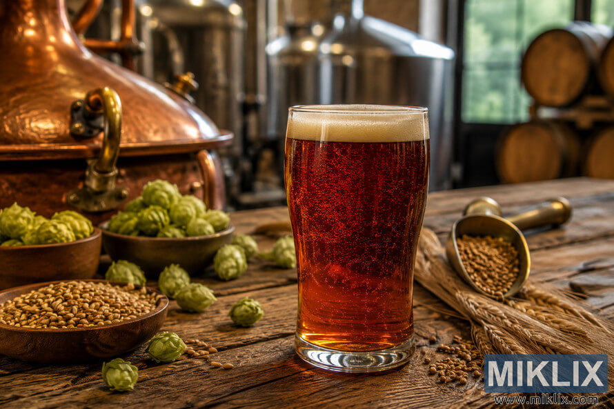 A landscape-oriented close-up of a glass of amber English Special Bitter on a rustic wooden table surrounded by hops, barley, and brewing tools, with softly blurred brewery tanks and barrels in the background under warm golden lighting. A landscape-oriented close-up of a glass of amber English Special Bitter on a rustic wooden table surrounded by hops, barley, and brewing tools, with softly blurred brewery tanks and barrels in the background under warm golden lighting.