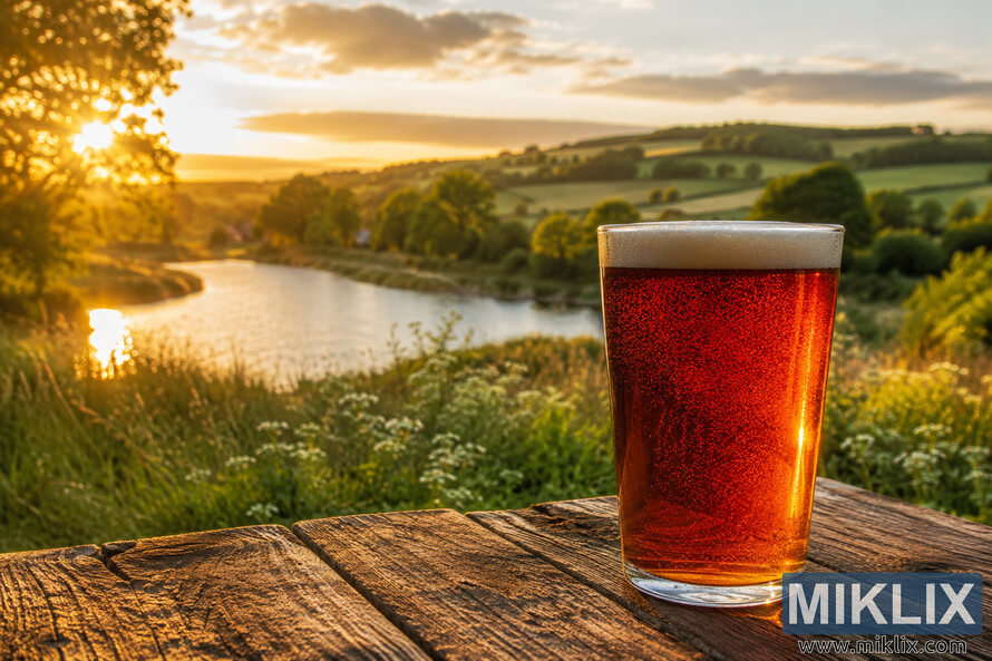 A glass of traditional amber ale on a rustic wooden outdoor table during golden hour, overlooking a peaceful Thames Valley riverside landscape with rolling green hills and warm sunset light. A glass of traditional amber ale on a rustic wooden outdoor table during golden hour, overlooking a peaceful Thames Valley riverside landscape with rolling green hills and warm sunset light.