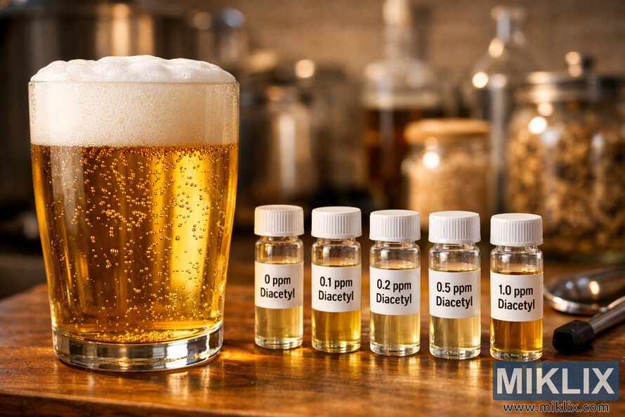 Close-up of a pale golden lager with creamy foam and rising bubbles beside labeled diacetyl fermentation vials in a warm home brewing setup.