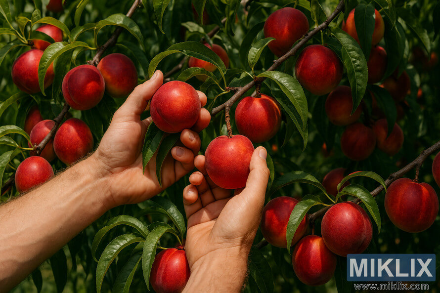 Hands picking ripe nectarines from a tree with lush green leaves