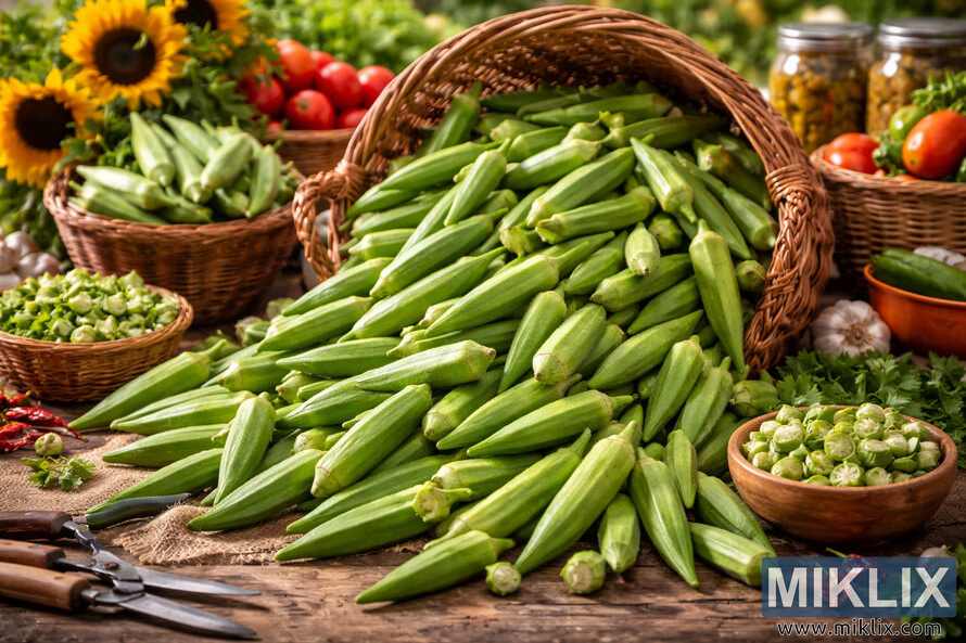 A wicker basket overflowing with freshly harvested green okra on a rustic wooden table, surrounded by tomatoes, sunflowers, peppers, garlic, and bowls of sliced okra at an outdoor market.