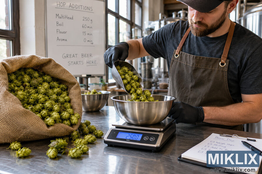 Brewer wearing an apron and black gloves measures green MultiHead hop cones into a stainless-steel bowl on a digital scale reading approximately 250 grams, with a burlap sack of hops, brewing notes, a checklist, and stainless-steel brewery equipment in the background. Brewer wearing an apron and black gloves measures green MultiHead hop cones into a stainless-steel bowl on a digital scale reading approximately 250 grams, with a burlap sack of hops, brewing notes, a checklist, and stainless-steel brewery equipment in the background.