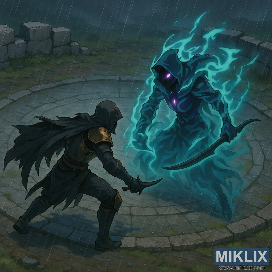 Isometriese anime-styl kunswerk wat die Tarnished in Black Knife-pantser wys wat Alecto, Black Knife Ringleader, in 'n reëndeurdrenkte sirkelvormige kliparena in die gesig staar. Isometriese anime-styl kunswerk wat die Tarnished in Black Knife-pantser wys wat Alecto, Black Knife Ringleader, in 'n reëndeurdrenkte sirkelvormige kliparena in die gesig staar.