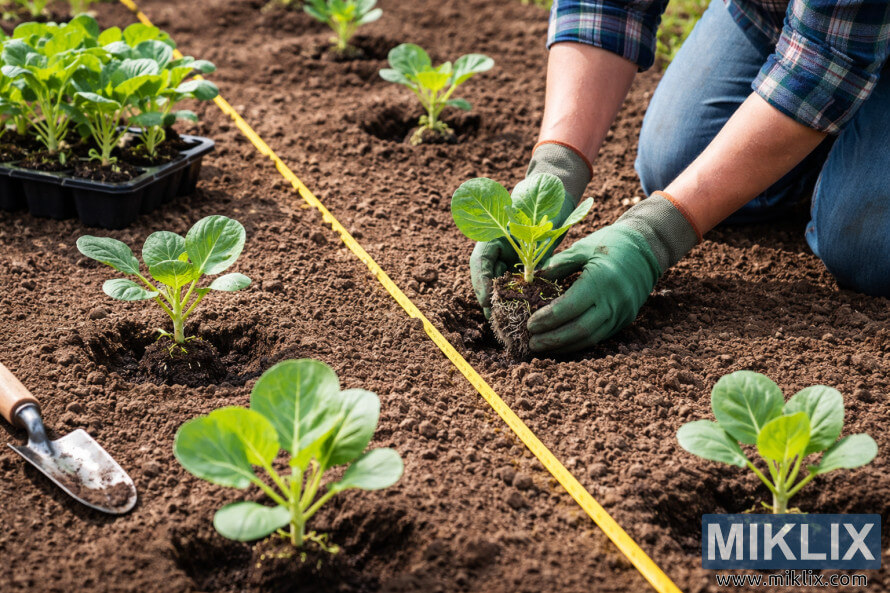 Tuinier plant spruitkoolsaailinge in eweredig gespasieerde rye met behulp van 'n maatband in 'n voorbereide tuinbedding.
