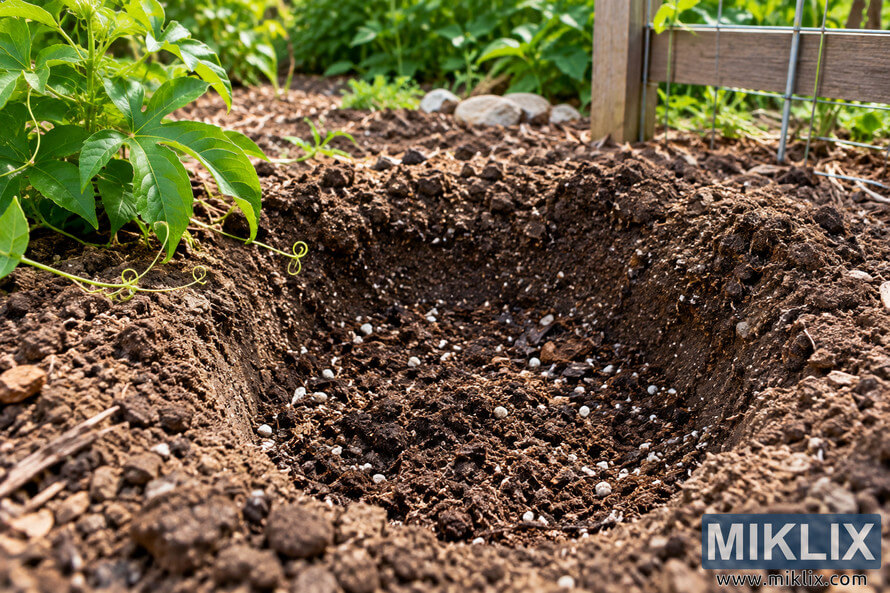 Close-up of a garden planting hole filled with loose, well-draining soil, white granules, bark pieces, a green vine, and a wooden wire trellis. Close-up of a garden planting hole filled with loose, well-draining soil, white granules, bark pieces, a green vine, and a wooden wire trellis.