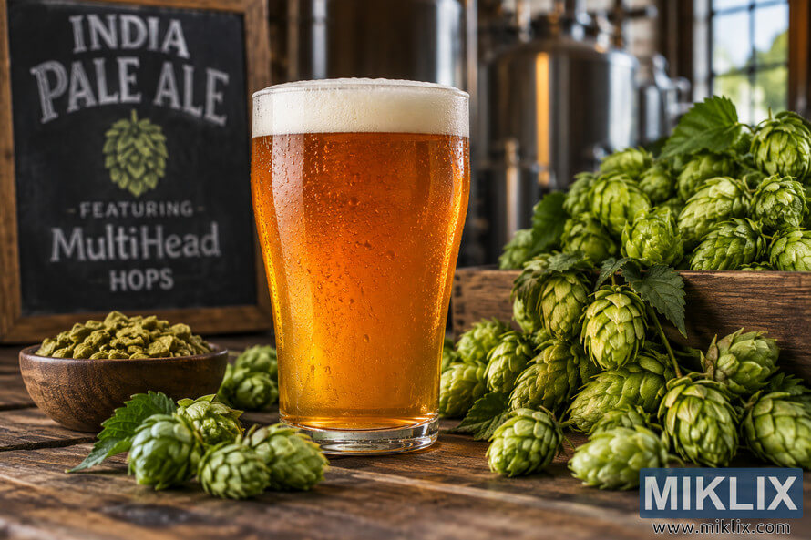 Photorealistic landscape image of a chilled golden-amber India Pale Ale with a creamy foam head on a rustic wooden brewery table, surrounded by fresh green hop cones and hop pellets, with a chalkboard reading âIndia Pale Aleâ and âFeaturing MultiHead Hopsâ and stainless-steel brewing tanks softly blurred in the background. Photorealistic landscape image of a chilled golden-amber India Pale Ale with a creamy foam head on a rustic wooden brewery table, surrounded by fresh green hop cones and hop pellets, with a chalkboard reading âIndia Pale Aleâ and âFeaturing MultiHead Hopsâ and stainless-steel brewing tanks softly blurred in the background.