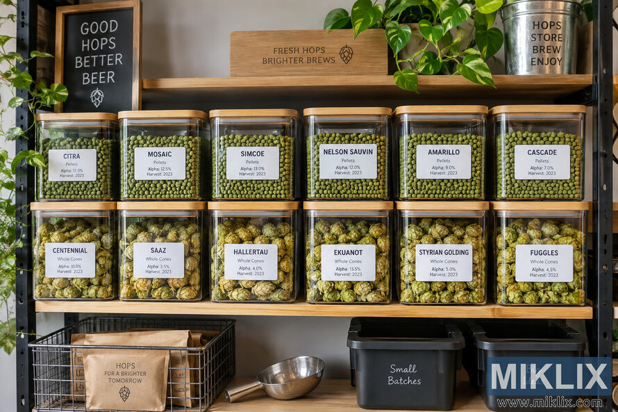 Landscape view of an organized hop storage shelf with two rows of clear labeled containers holding green hop pellets and dried whole hop cones, surrounded by wooden shelving, plants, storage bins, kraft packets, and a metal scoop.